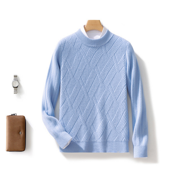 Soft women's pure cashmere sweater, fine knit detail, essential elegant fashion piece.
