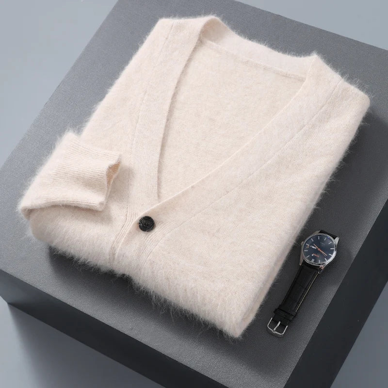 Elegant women's pure cashmere V-neck cardigan in a classic solid color, perfect for layering.
