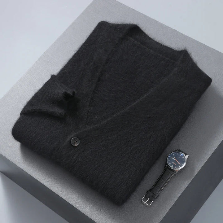 Close-up of a women's V-neck cashmere cardigan, highlighting the fine knit and premium texture.