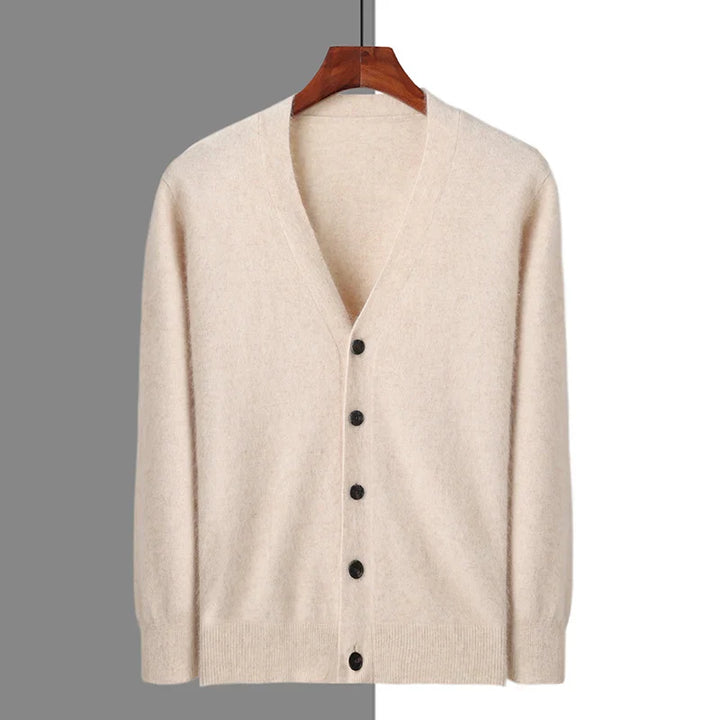 Front view of a women's luxury knitwear V-neck cardigan, made from 100% pure cashmere.