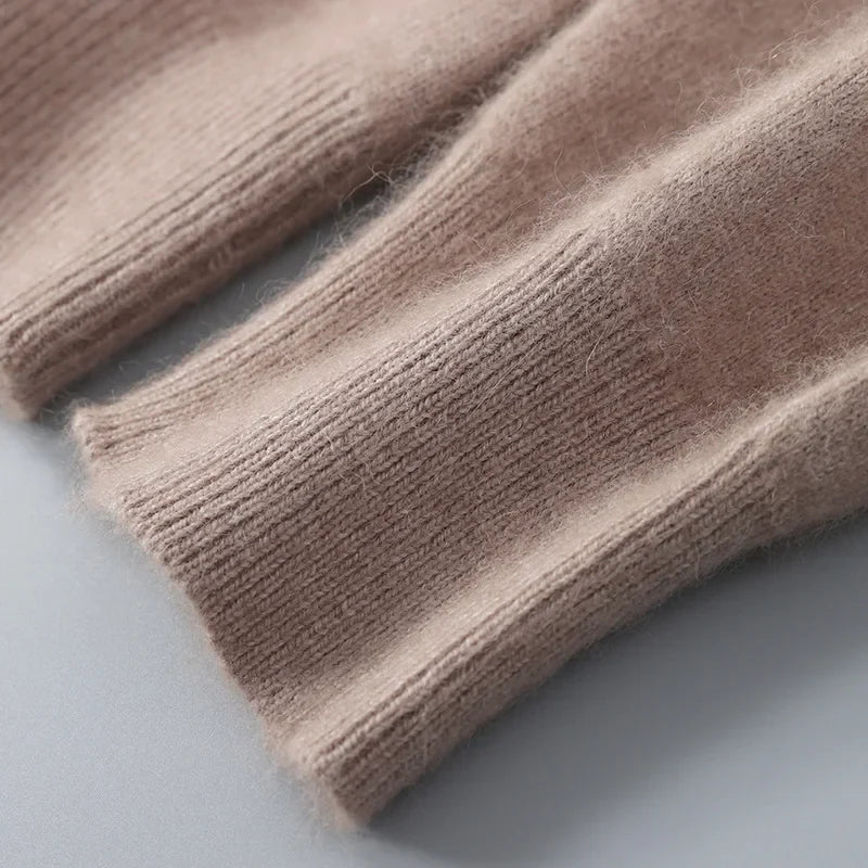 Women's soft V-neck cashmere cardigan in a neutral tone, perfect for any wardrobe.