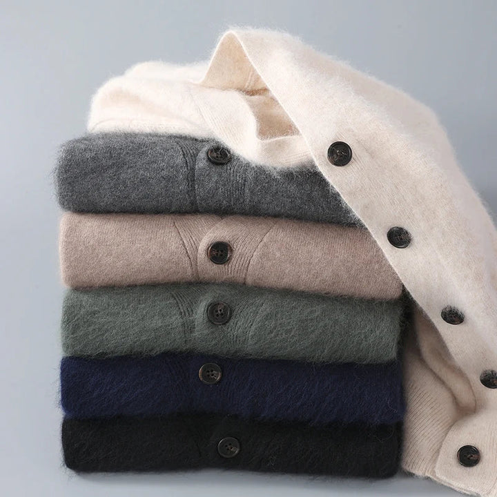 Classic pure cashmere V-neck cardigan for women, offering warmth and refined style.