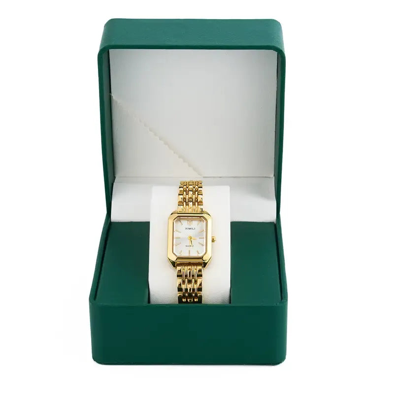 Elegant women's rectangular gold-tone watch on a white background, showcasing its classic design.