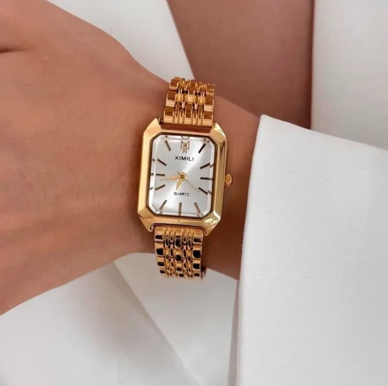 Classic women's rectangular gold watch with a polished finish, emphasizing its sophisticated appeal.