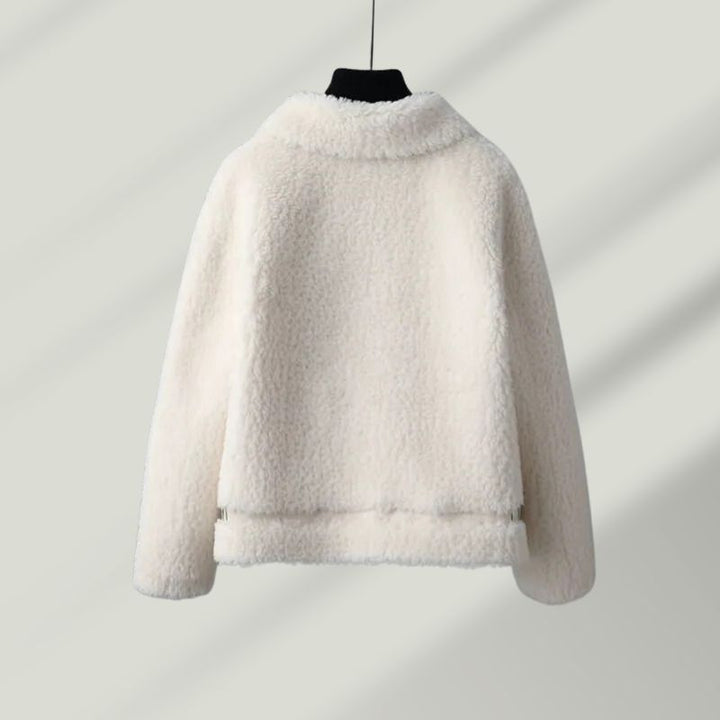 Back view of a women's elegant Renard wool blend sherpa coat, a must-have winter outerwear jacket