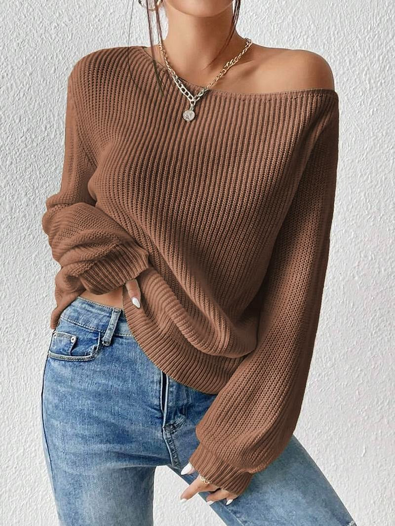 Elegant women's ribbed knit off-shoulder top in a versatile black, perfect for casual chic outfits.