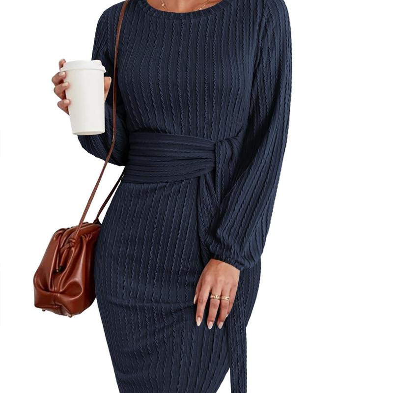 Elegant women's ribbed stretch-knit midi dress with waist tie, perfect for fall/spring