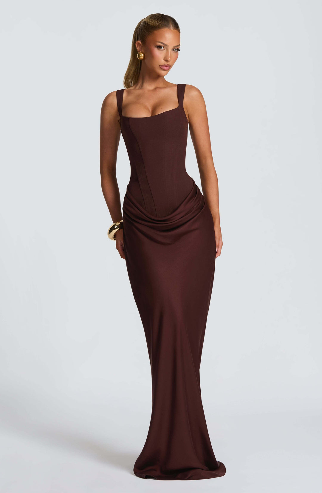 Detailed view of women's ruched bodycon maxi dress, elegant scoop neck evening gown, flattering silhouette.