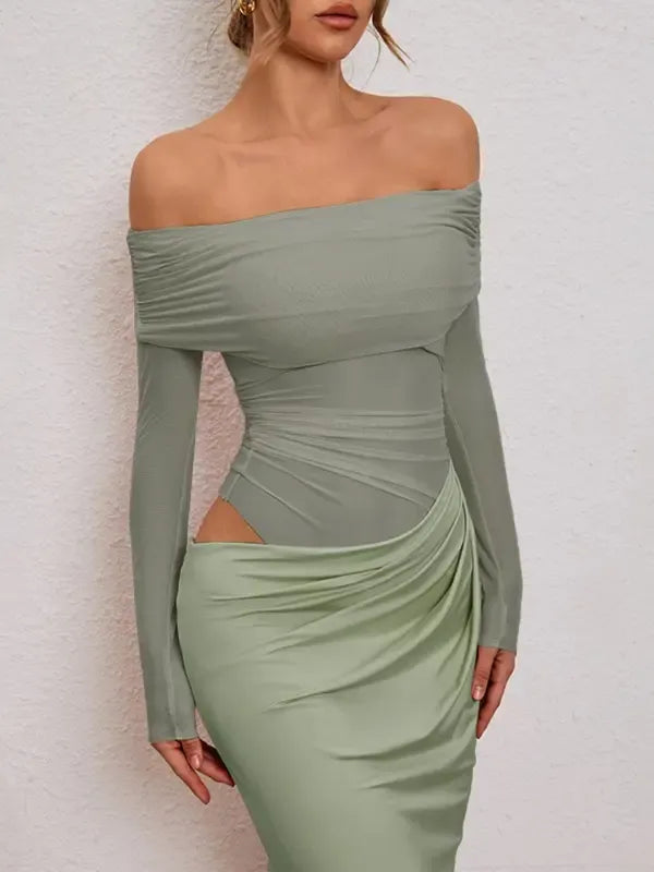 Stunning off-shoulder ruched gown with stylish cut-out detail for women, a sophisticated formal dress.