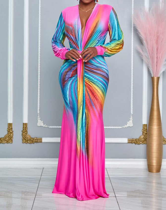 Figure-flattering ruched V-neck control maxi dress in a bodycon style for women's formal wear.