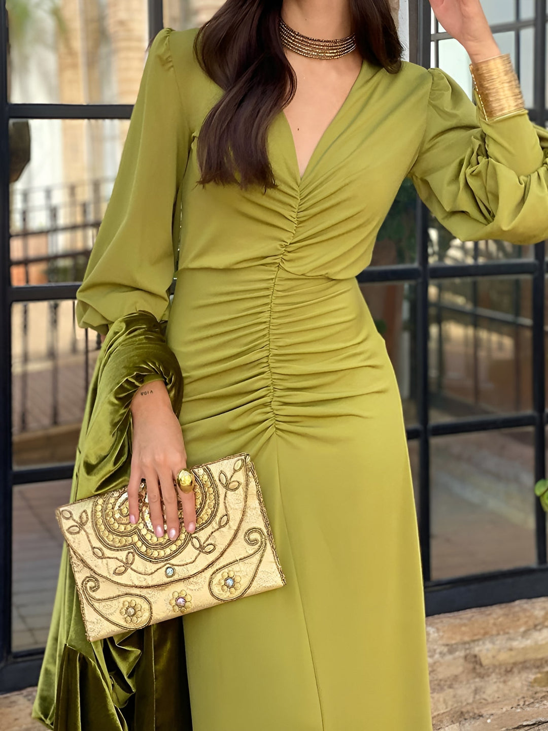 Graceful women's V-neck long sleeve ruched maxi dress. Elegant evening gown for fall fashion.