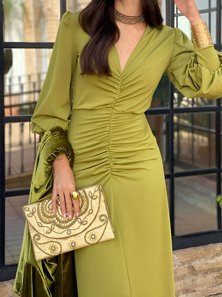 Graceful women's V-neck long sleeve ruched maxi dress. Elegant evening gown for fall fashion.