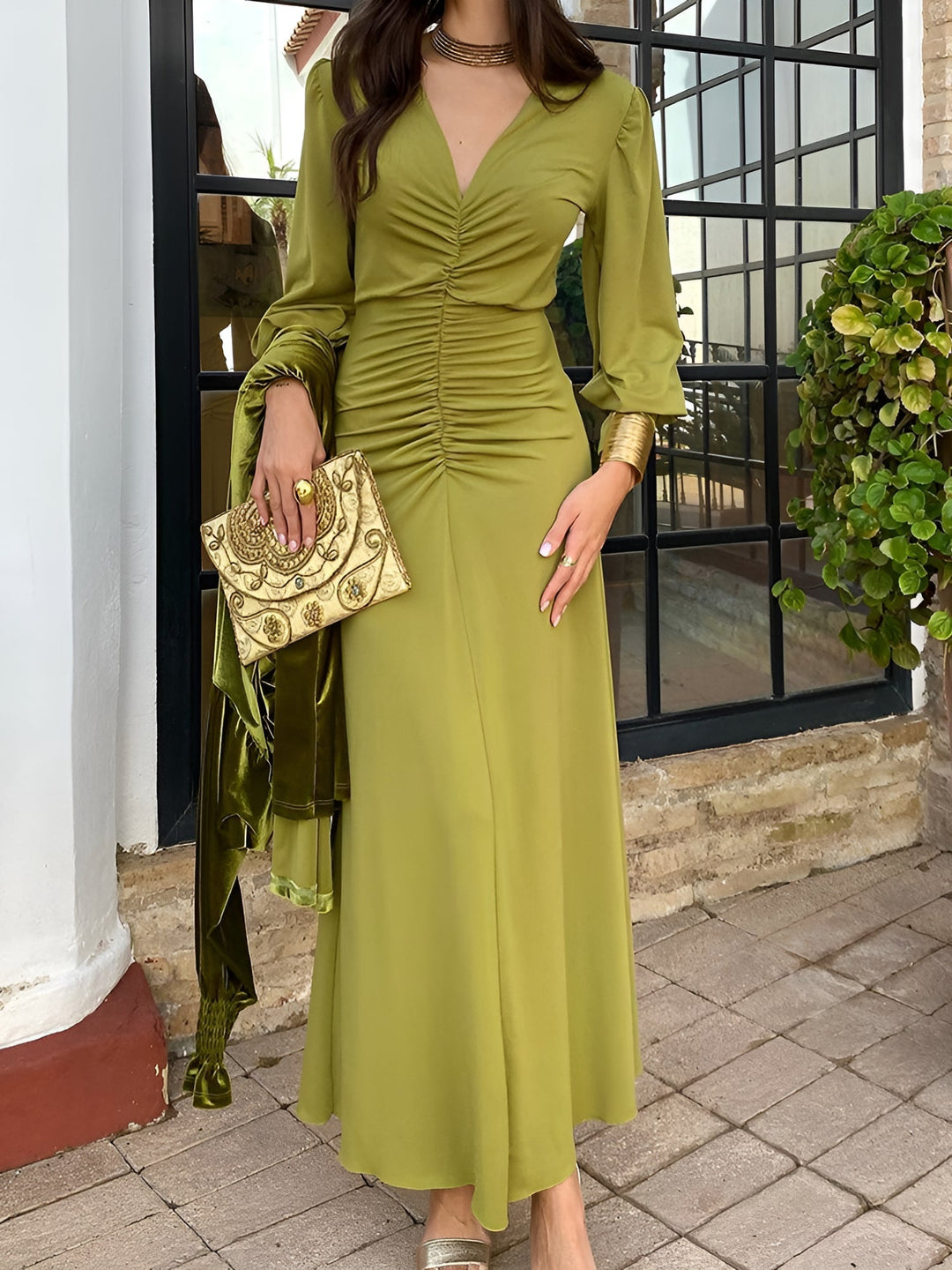 Sophisticated women's V-neck long sleeve ruched dress. Perfect formal maxi gown for fall weddings.