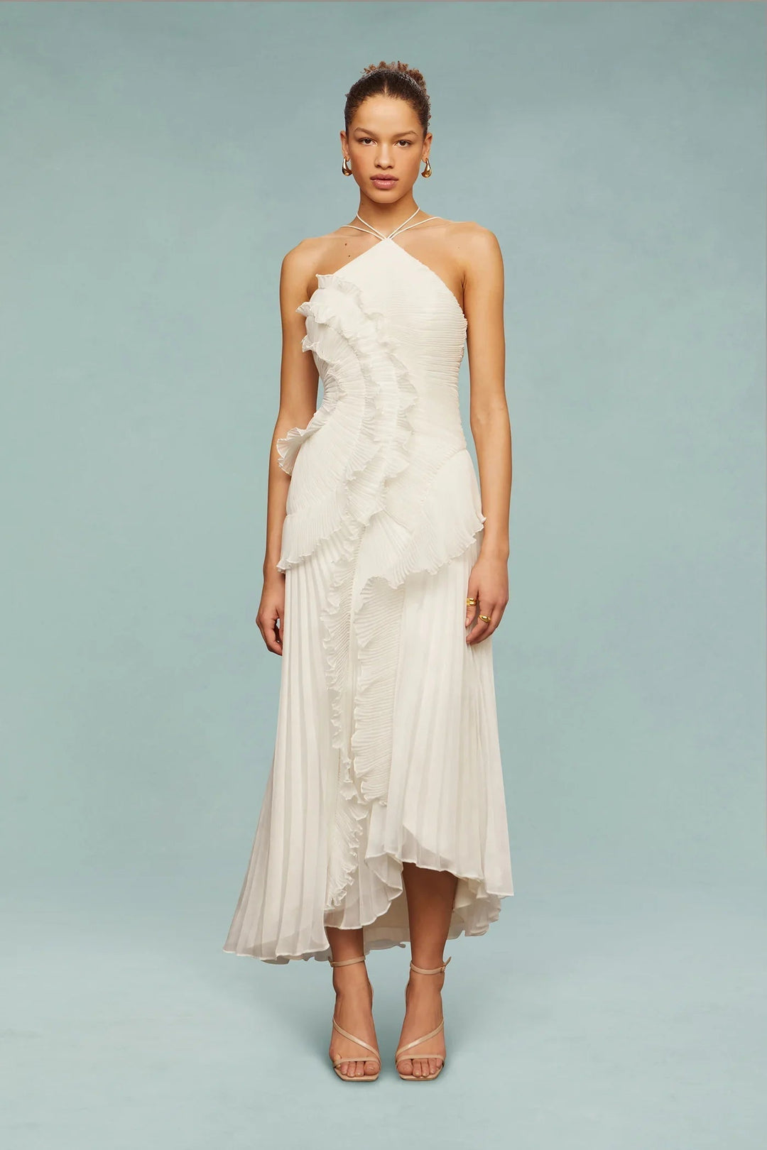 Lavender sleeveless ruffle halter maxi dress, an elegant evening gown for formal events and wedding guests.