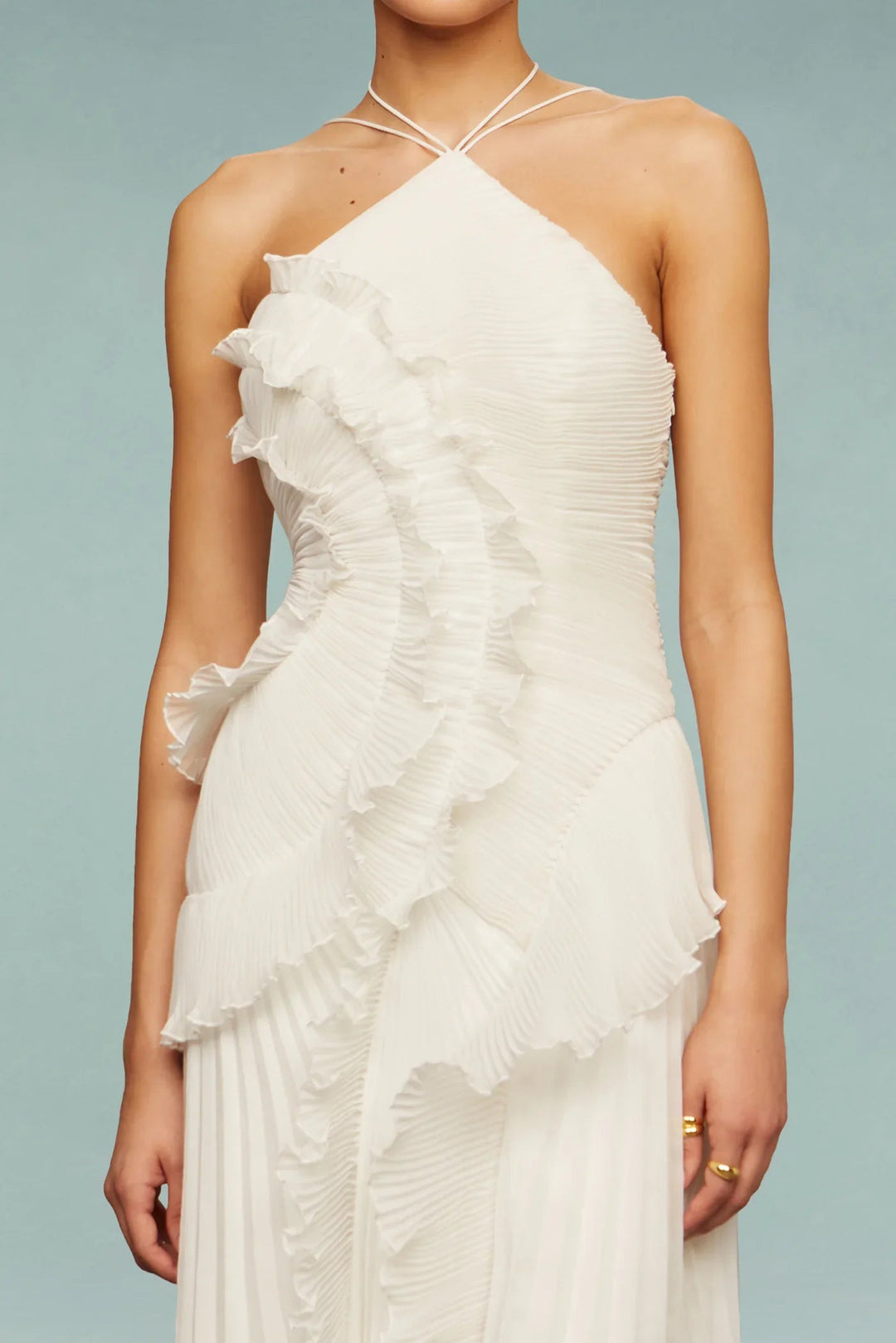 Stylish women's sleeveless ruffle halter maxi dress for elegant wedding guest attire & formal events.