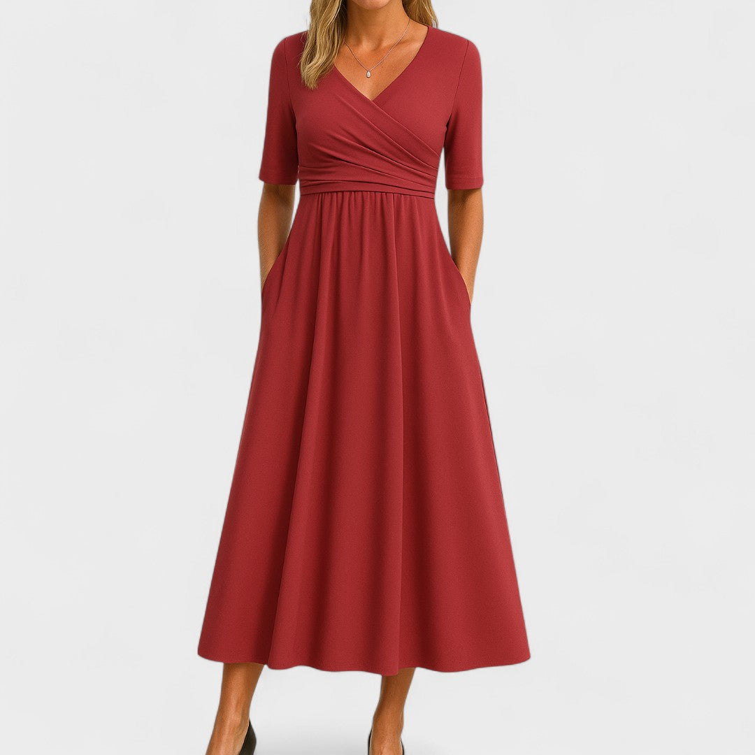 Stylish women's elegant semi-formal wrap dress, featuring a classic A-line midi design for sophistication.