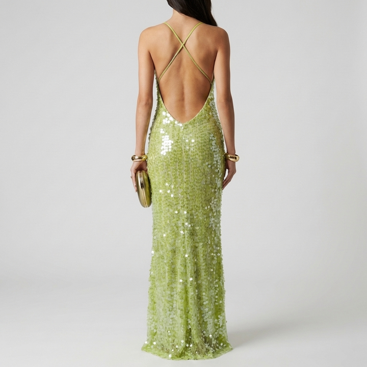 Glamorous sequin maxi evening gown for women. Ideal for formal wear, elegant parties, and special occasions.