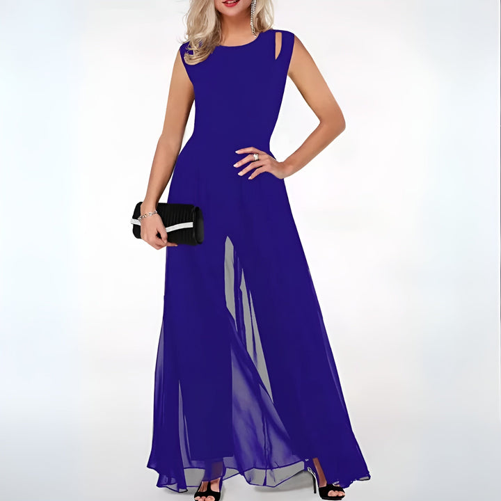 Formal women's jumpsuit with sheer overlay, an elegant and unique choice for special occasion & wedding guests.