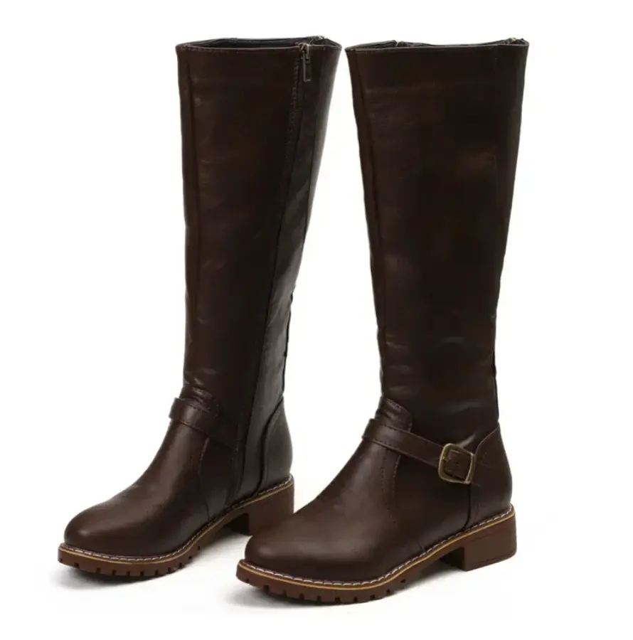 Women's elegant Siena boots. Knee-high design, block heel, and made from high-quality brown faux leather