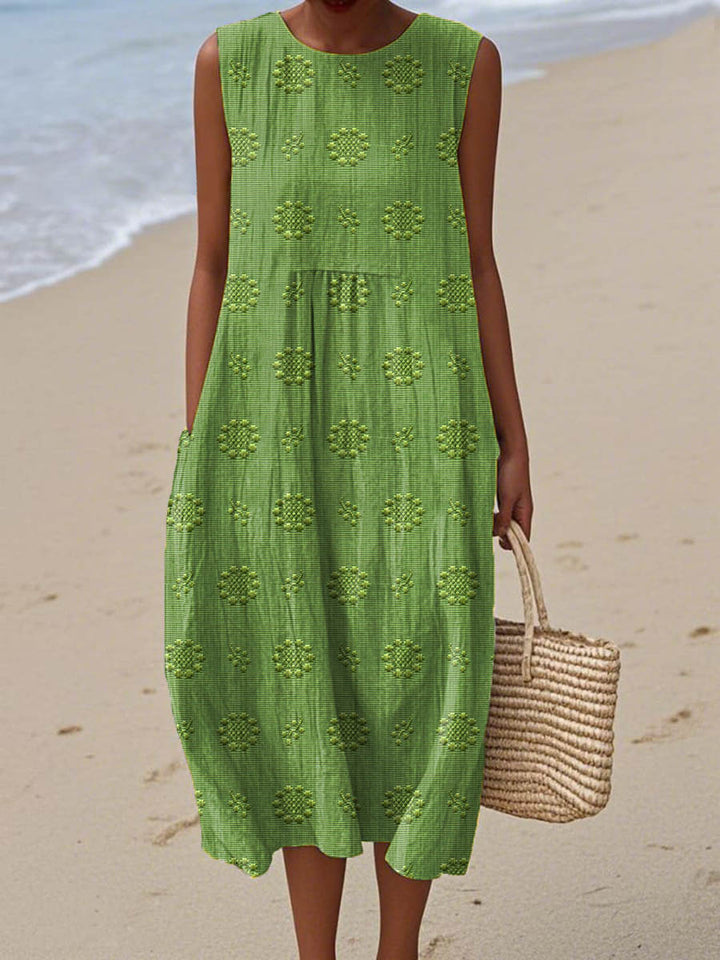 Elegant women's sleeveless midi dress with a classic round neck, perfect for summer casual or resort wear.