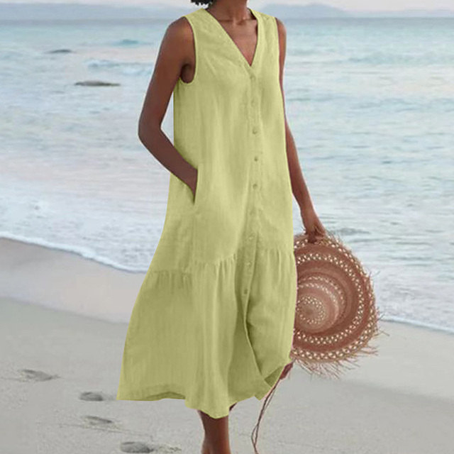 Model wearing a flattering women's sleeveless midi dress, button front, V-neck, and a stylish flowy tiered skirt.