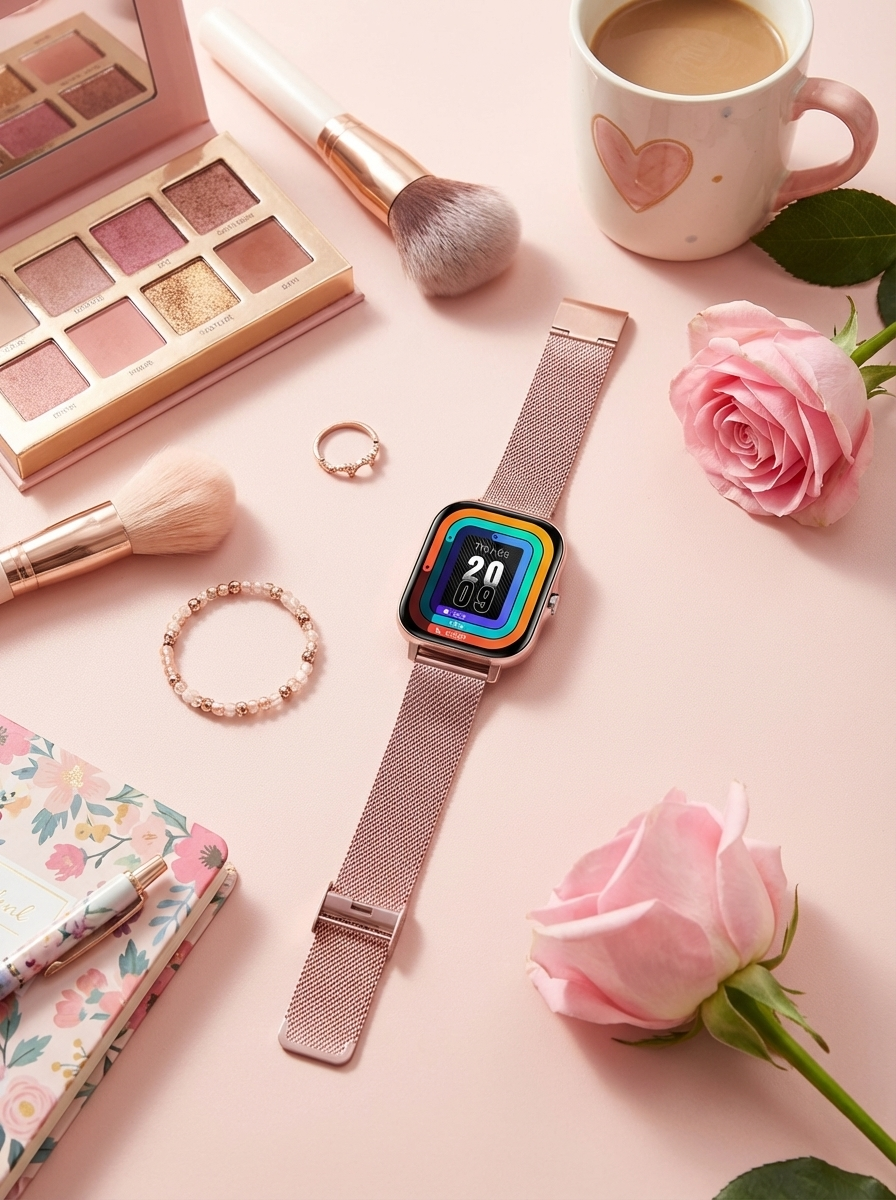 Women's fitness smartwatch, activity tracker. Android/iOS compatible, stylish health monitor.