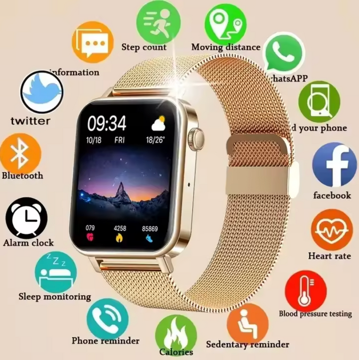 Elegant women's smartwatch with sleek design, perfect for daily wear & smart connectivity. A modern health gadget.