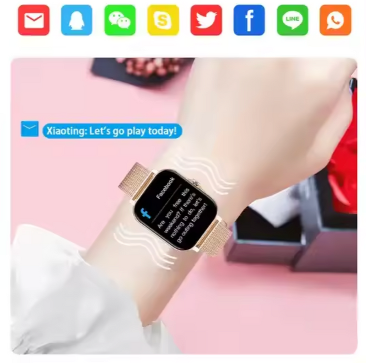 Woman wearing a stylish smartwatch while exercising, tracking her run; an elegant fitness & health gadget.