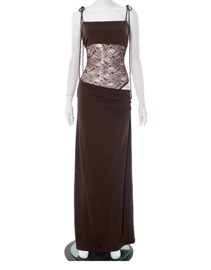 Formal Women's Square-Neck Maxi Dress with tie straps, perfect as a wedding guest or evening gown.