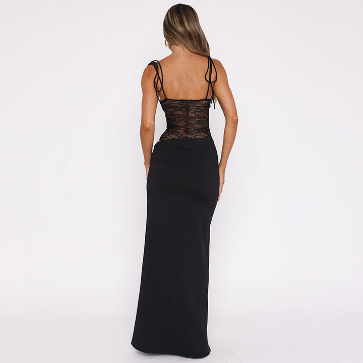 Stylish Tie-Strap Square-Neck Maxi Dress, elegant formal wear for women's special occasions.