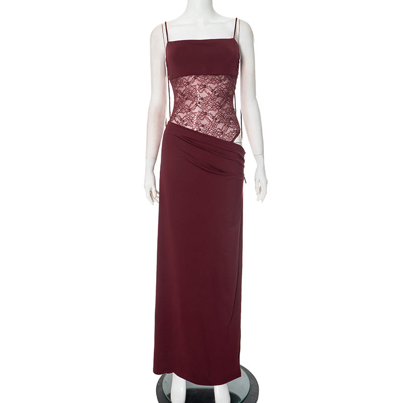 Women's elegant square-neck maxi dress, a formal wedding guest gown with delicate tie straps.