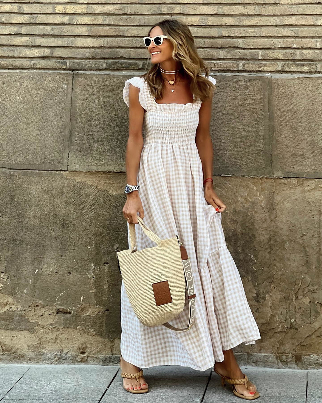 Elegant women's square neck ruffle sleeve maxi dress. Perfect for casual or party wear.