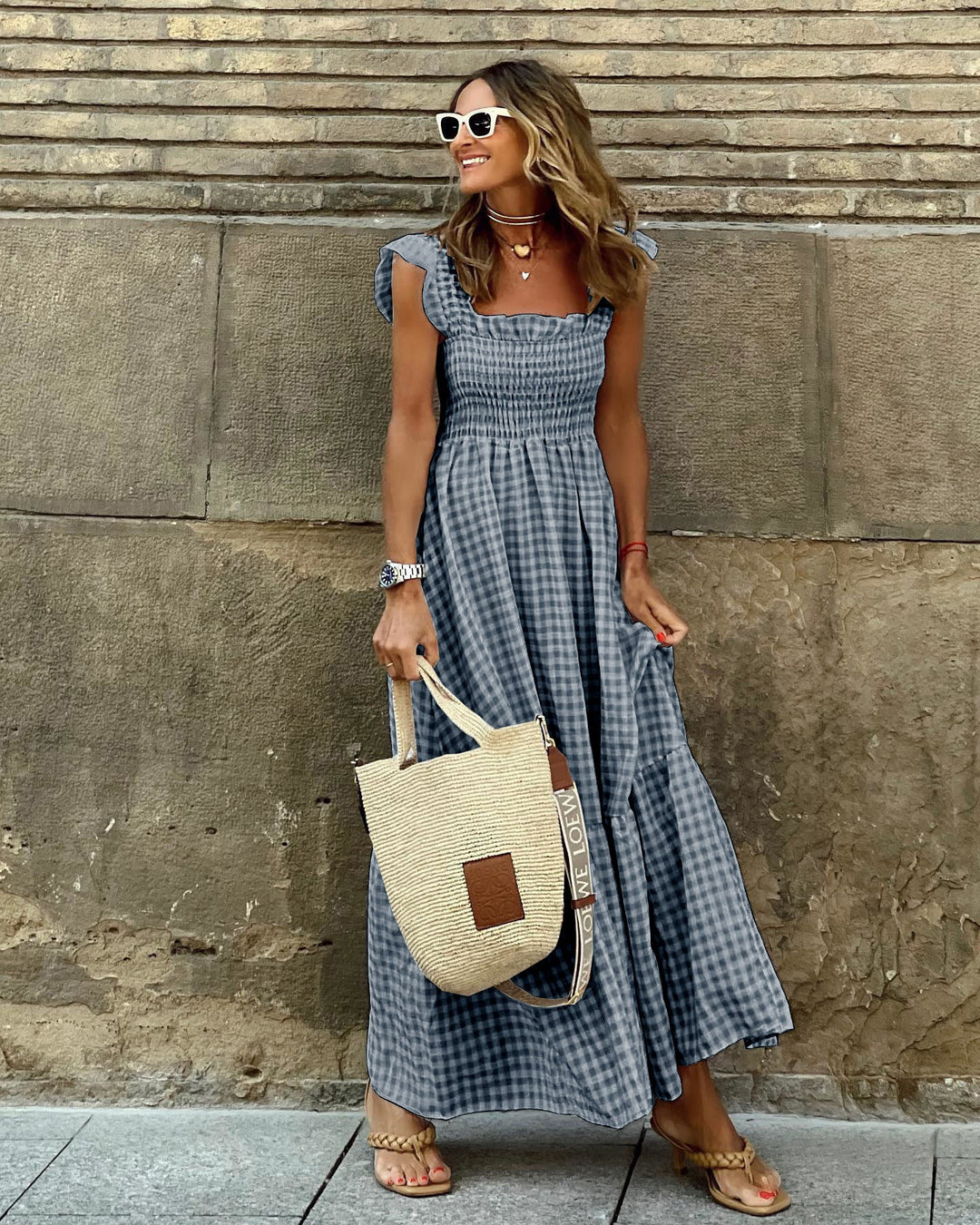 Comfortable women's square neck ruffle maxi dress, ideal for beach, summer, or effortless casual style.
