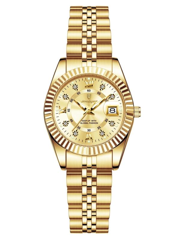 Elegant women's stainless steel analog watch with a classic gold and silver two-toned design, quartz movement.