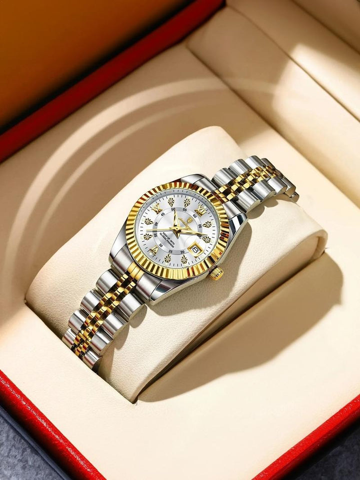 Stylish quartz analog watch for women, featuring a two-toned stainless steel bracelet and an elegant dial.
