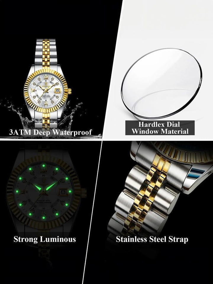 Women's elegant watch, stainless steel construction with silver and gold accents, analog display, timeless design.