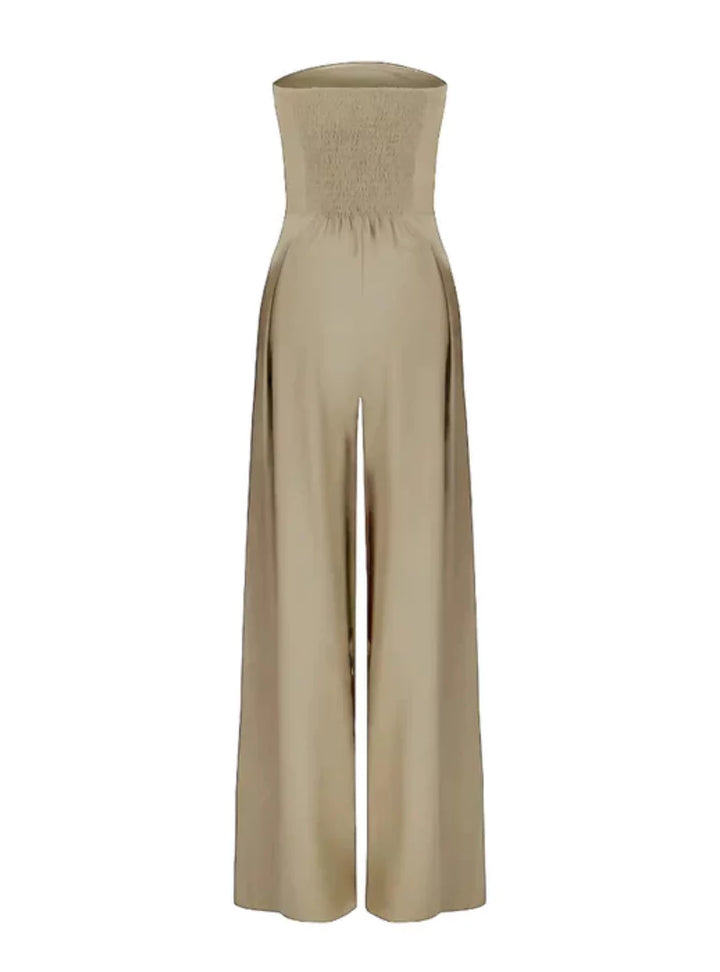 Comfortable yet elegant women's strapless wide-leg jumpsuit, perfect for summer parties and formal occasions.