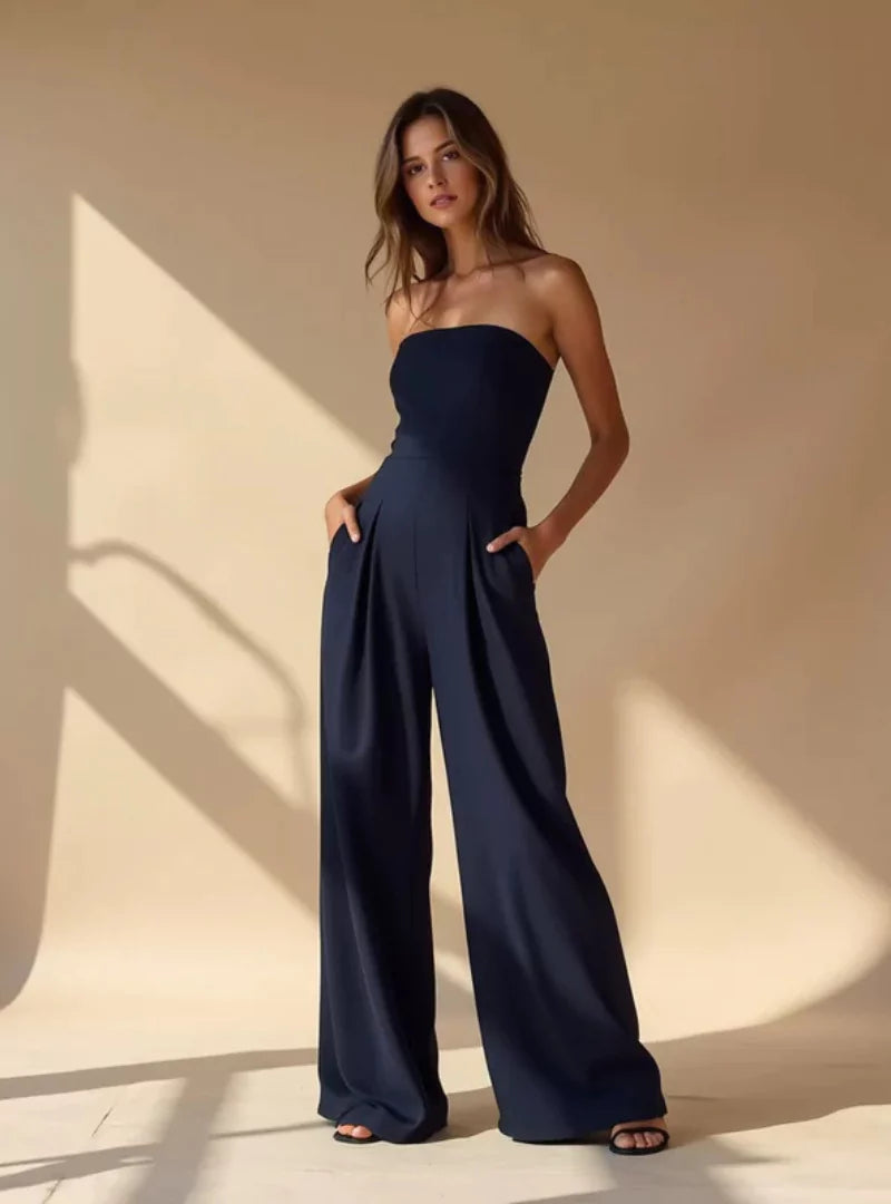 Chic strapless wide-leg jumpsuit for women, ideal for summer events, parties & stylish formal occasions.