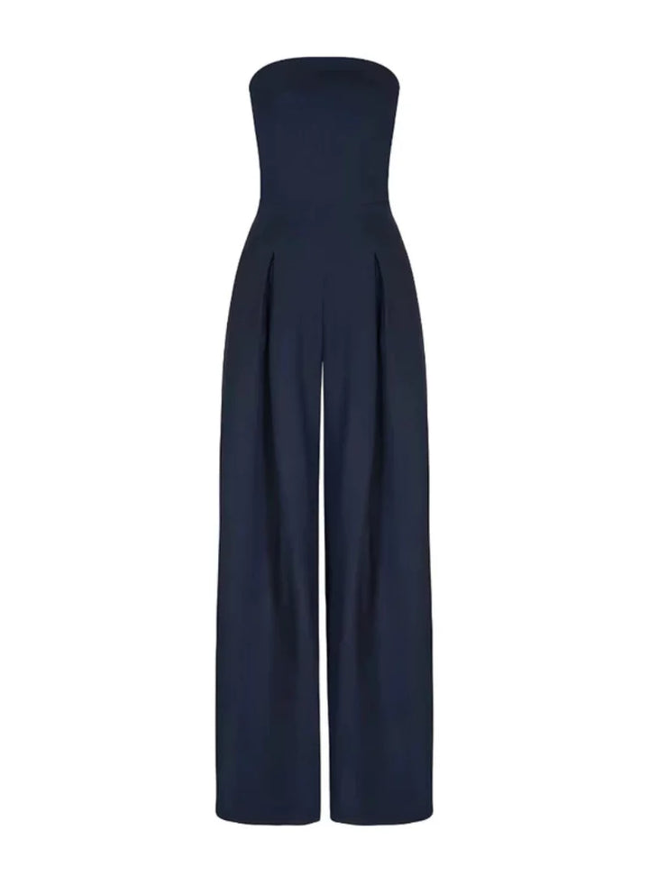 Women's tailored fit strapless jumpsuit with elegant wide-legs, suitable for evening wear and formal events.