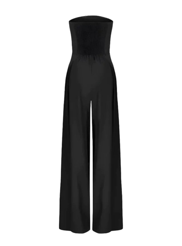 Sleeveless elegant women's jumpsuit featuring a strapless design and chic wide-leg for formal wear.