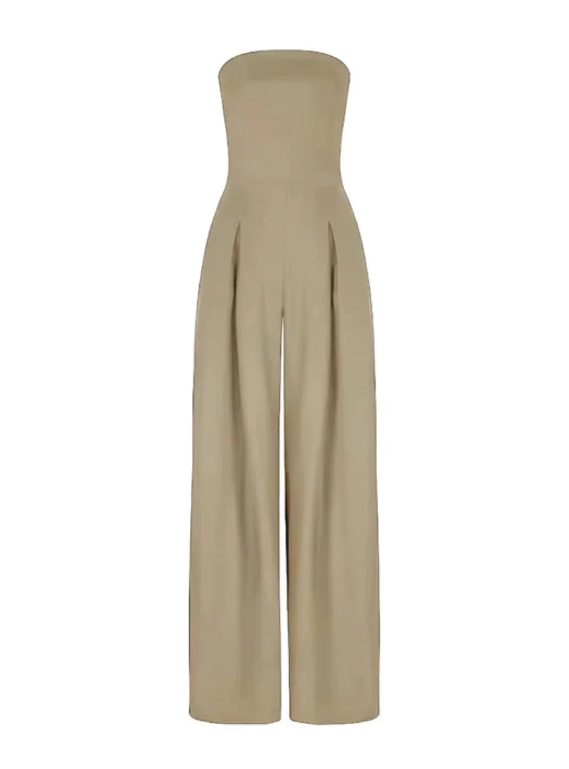Formal women's strapless wide-leg jumpsuit for chic evening wear, parties, and sophisticated wedding guests.