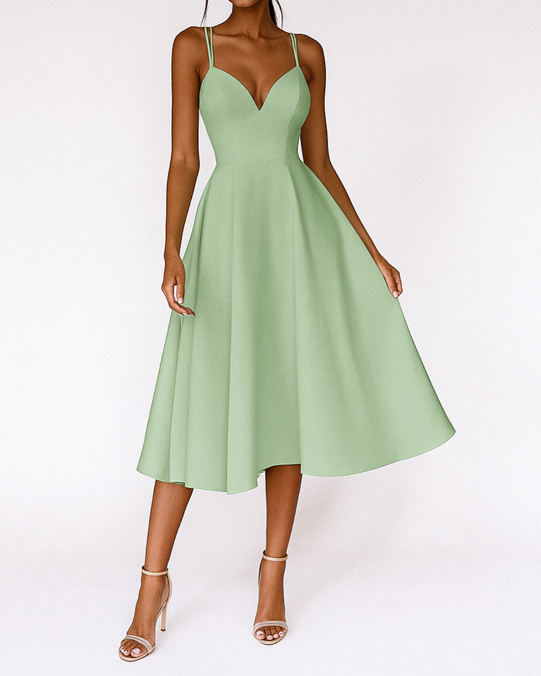 Full-length view of a women's strappy champagne midi dress, showcasing its formal and elegant design