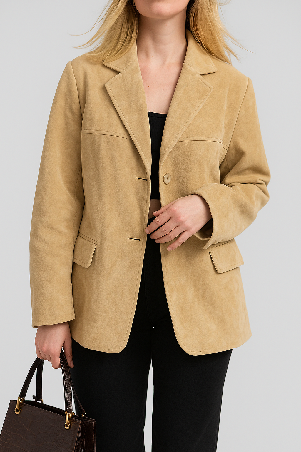 Tailored women's elegant suede blazer, a key fashion blazer for stylish and comfortable workwear.