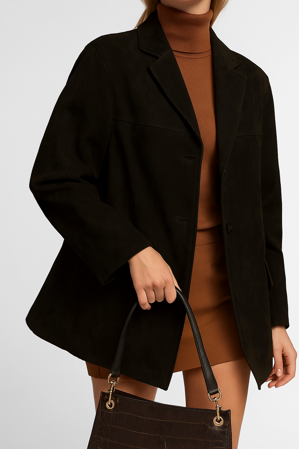 Front view of a women's long sleeve suede jacket, highlighting its elegant and versatile design.