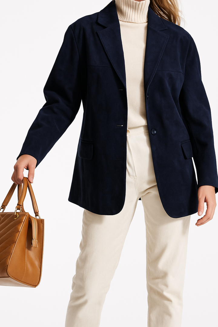 Close-up of the soft suede texture on an elegant women's blazer jacket, showing quality craftsmanship.