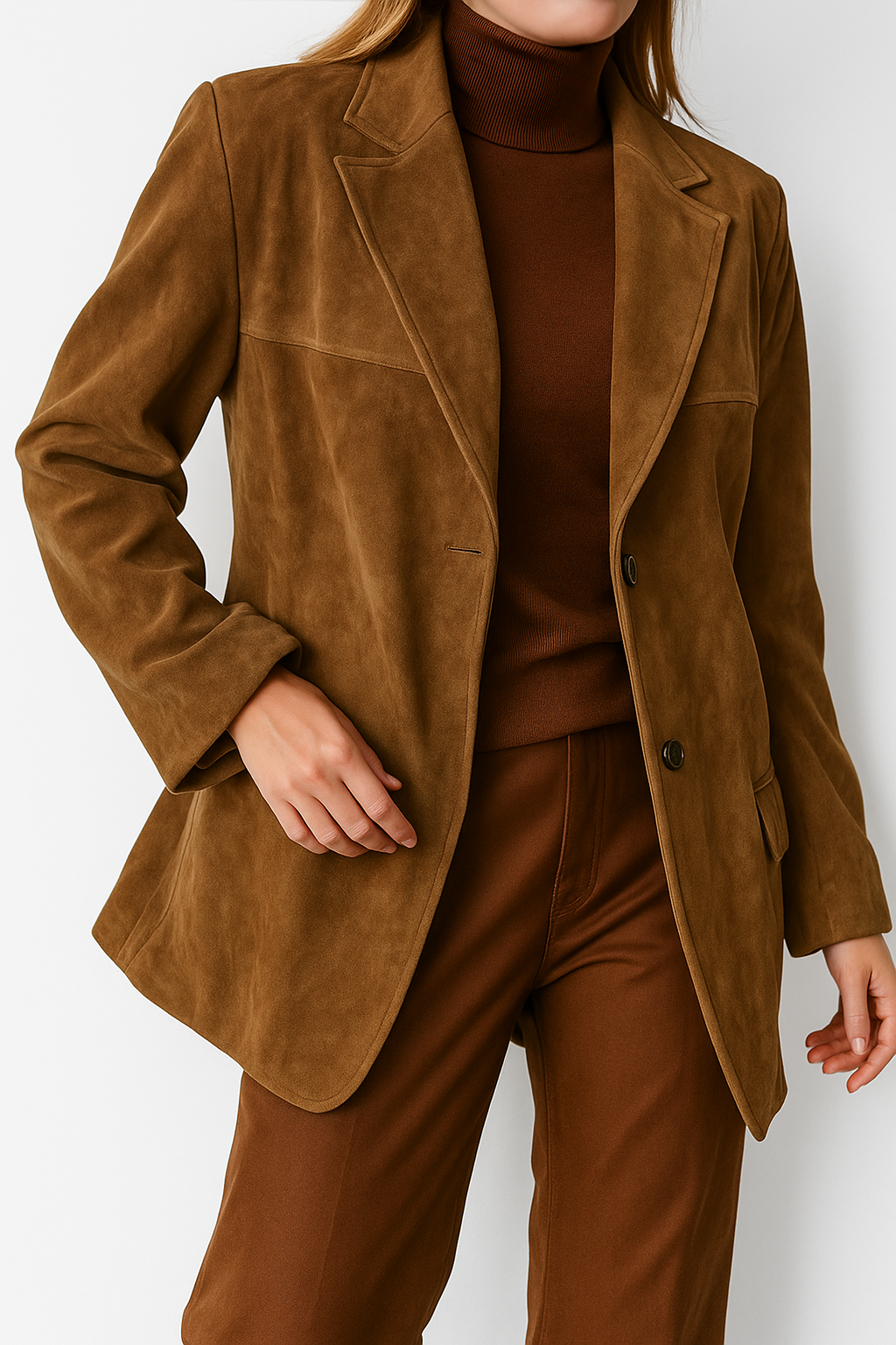 Full shot of a model wearing a women's elegant suede blazer, styled for a modern business look.