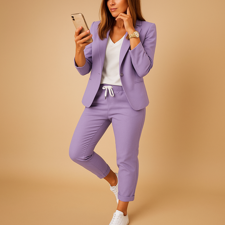 Elegant women's tailored blazer & trousers suit set, perfect for professional office attire & formal events.