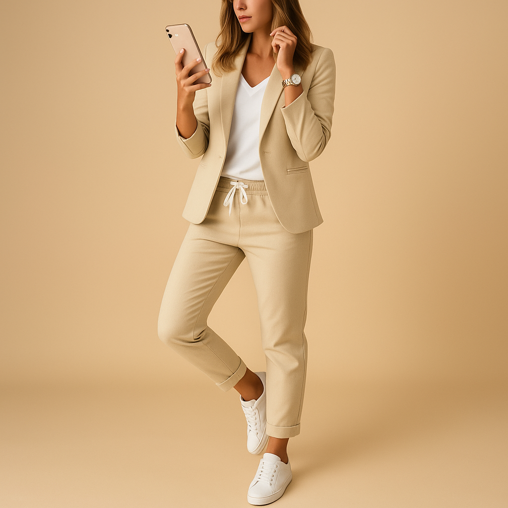 Professional women's tailored blazer and matching trousers set, ideal for a sharp and modern business look.
