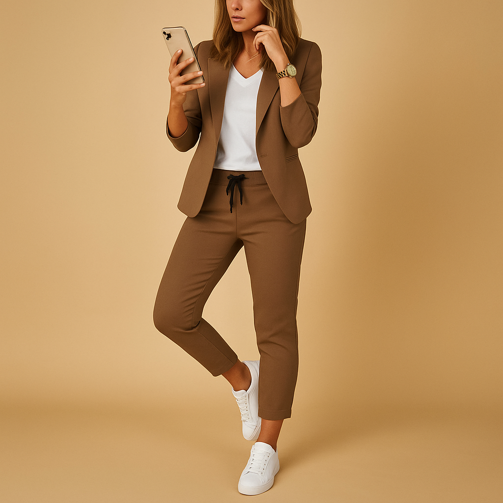 Modern women's tailored blazer & trousers set, a chic and professional ensemble for any formal occasion.