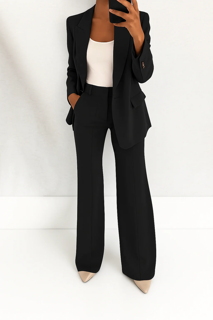 Women's classic tailored blazer & wide leg pants suit, a sophisticated professional outfit.